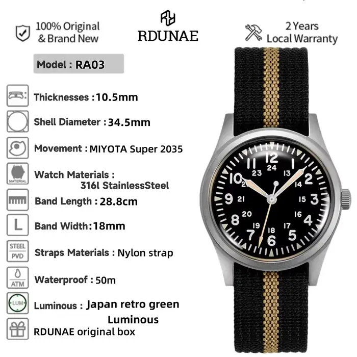 RDUNAE 2025 nouvelle montre à Quartz pour hommes MIYOTA Super 2035 RA03 34.5mm militaire étanche lumineux en acier inoxydable Reloj Hombre