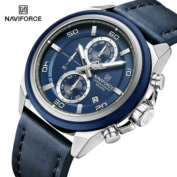 NAVIFORCE marque montres pour hommes bracelet en cuir véritable chronographe Quartz affichage de la Date montre-bracelet Sport étanche mâle cadeau horloge