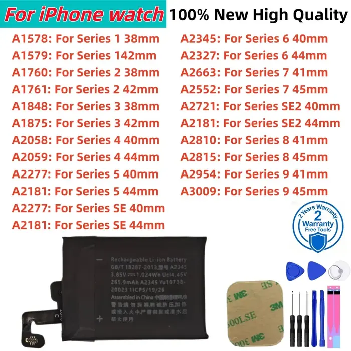 Batterie de remplacement pour iPhone Watch Series 1 2 3 4 5 6 7 8 9 SE SE2 38/40/41/42/44/45mm Batterie de réparation en polymère de lithium + outil gratuit