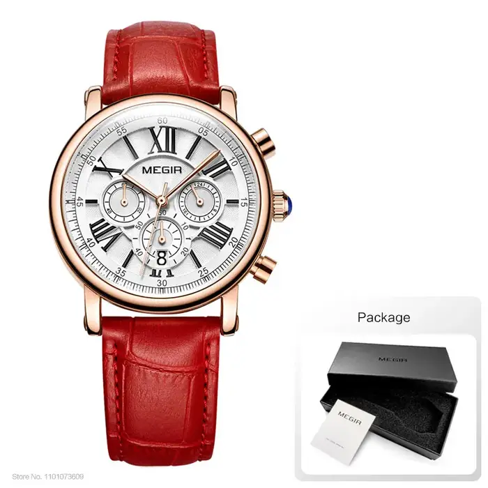 Megir montre chronographe à Quartz pour femme avec 24 heures et affichage du calendrier bracelet en cuir blanc chronomètres pour dames 2058L