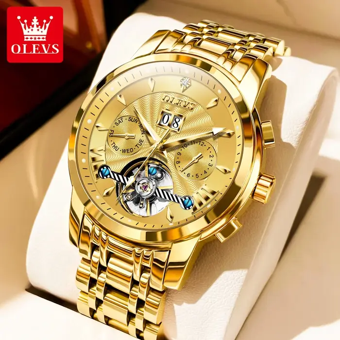 Montre squelette pour homme OLEVS 9965, acier inoxydable, étanche, lumineuse, calendrier, multifonct