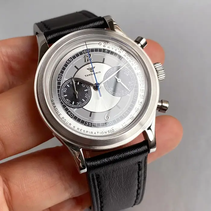 Montre rétro Tandorio pour hommes, 38mm, montre de Sport, mouvement Miyota OS20, chronographe, horloge à Quartz, cadran argenté, verre arqué à bulles