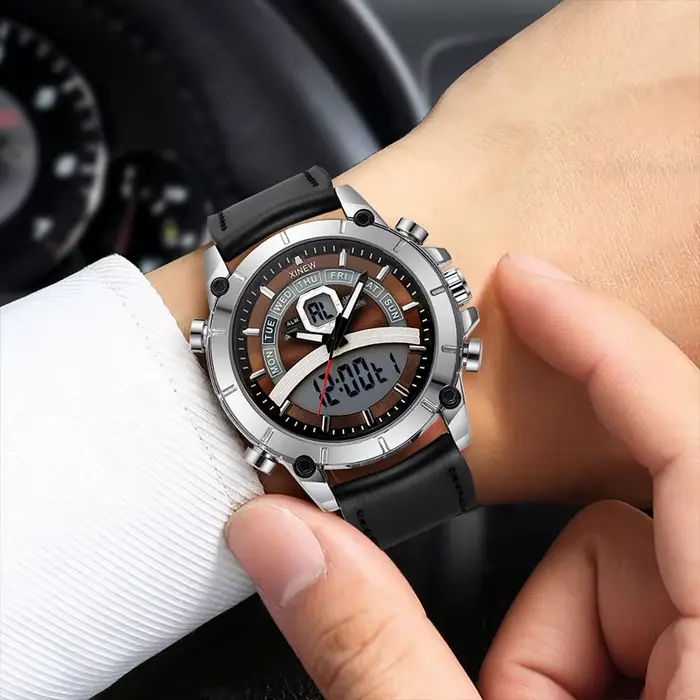 Hommes grande marque XINEW montres étudiants mode bracelet en cuir sport multi-fonction double temps chronographe montre Relogio Masculino