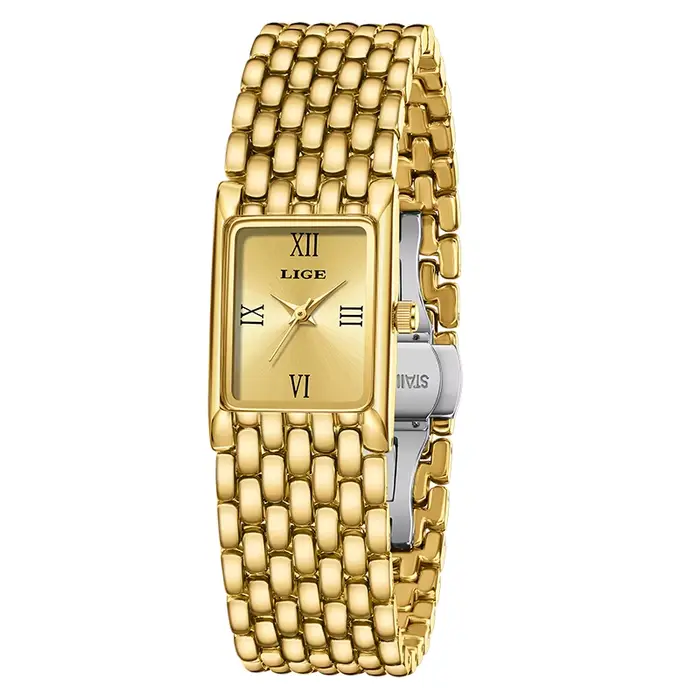 LIGE-Petite montre carrée en or pour femme, montres-bracelets à quartz pour femme, acier inoxydable,