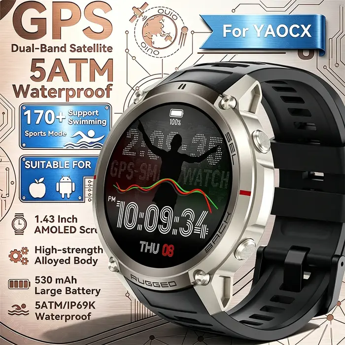 Montre connectée d'extérieur 1,43 pouces avec GPS, cartes hors ligne, mode sport, étanche 5 ATM, bou