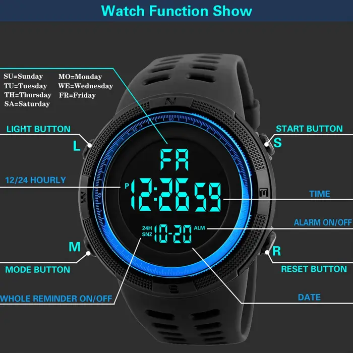 Montre de sport numérique pour hommes, étanche, décontractée, lumineuse, chronomètre, alarme, montre militaire simple pour la course, l'escalade, la pêche