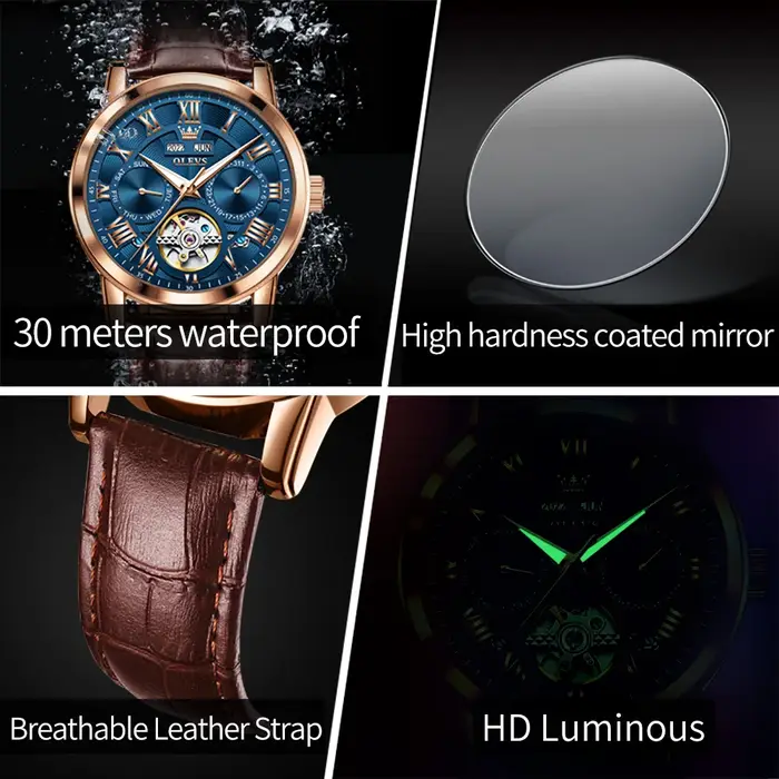 OLEVS 6668 Top marque hommes montres tendance mode automatique mécanique montre-bracelet bracelet en cuir étanche montre lumineuse pour homme