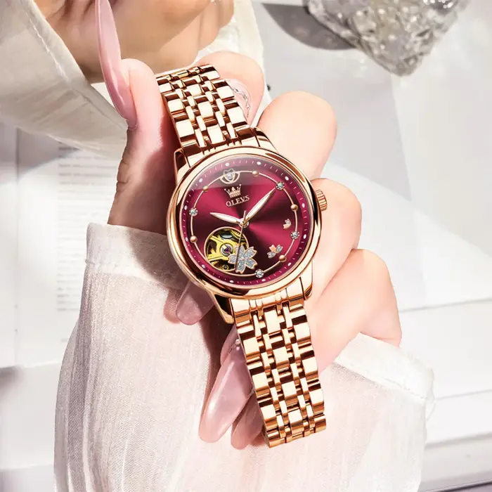 Or Rose vin rouge luxe décontracté dames montre-bracelet étanche automatique mécanique femme montre élégante mode femmes montres