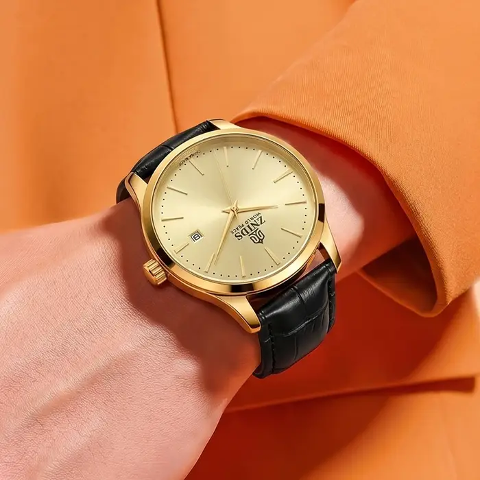 Montre-bracelet mécanique pour homme, très élégante et simple, avec mouvement automatique, design ajouré, étanche, cadran avec calendrier, bracelet en cuir, idéale pour les trajets quotidiens. Montre 