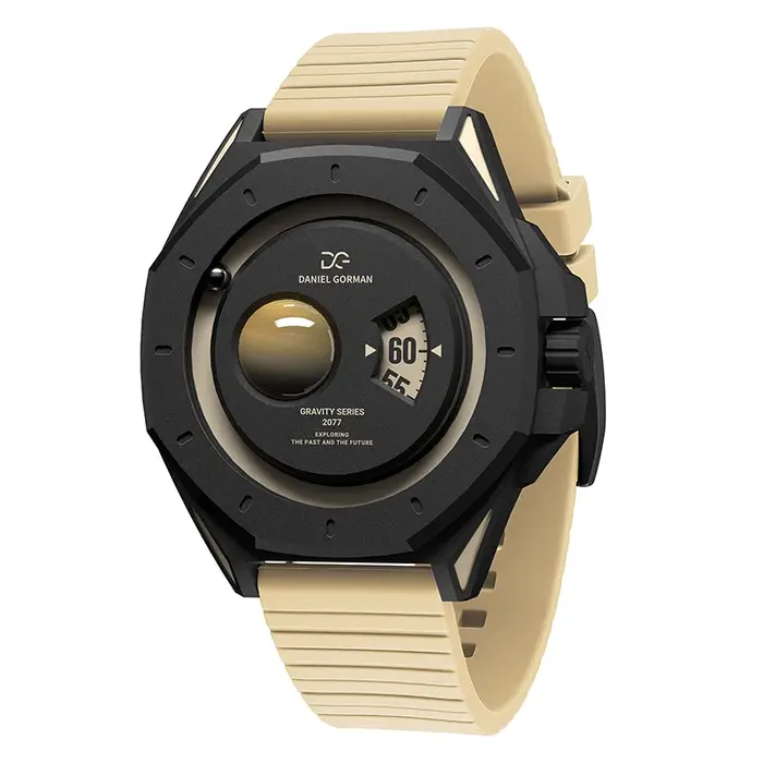 Montre à quartz pour homme Daniel Gorman Gravity Series - Cadran bleu glace Uranus, design science-fiction, montre sport avec bracelet en silicone