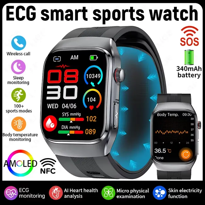 Montre connectée LIGE avec airbag, appels Bluetooth, pompe à air, ECG, mesure précise de la pression