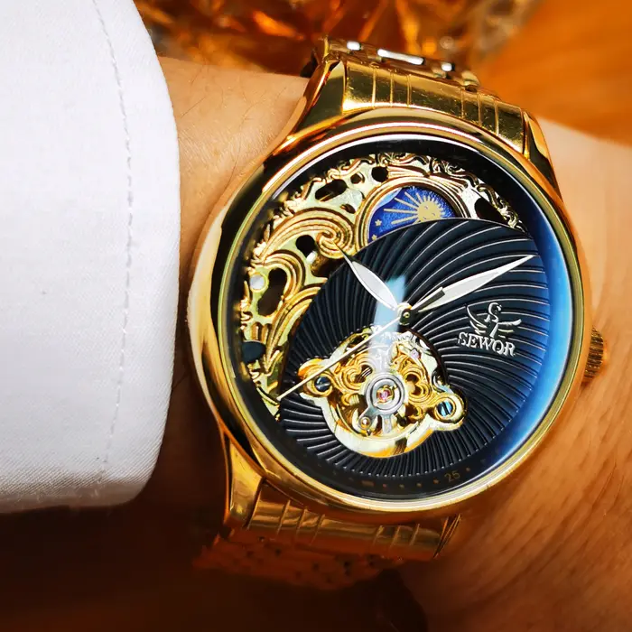 AOKULASIC or squelette montre pour hommes rétro Phase de lune Tourbillon automatique montres mécaniques de luxe en acier inoxydable bande lumineuse