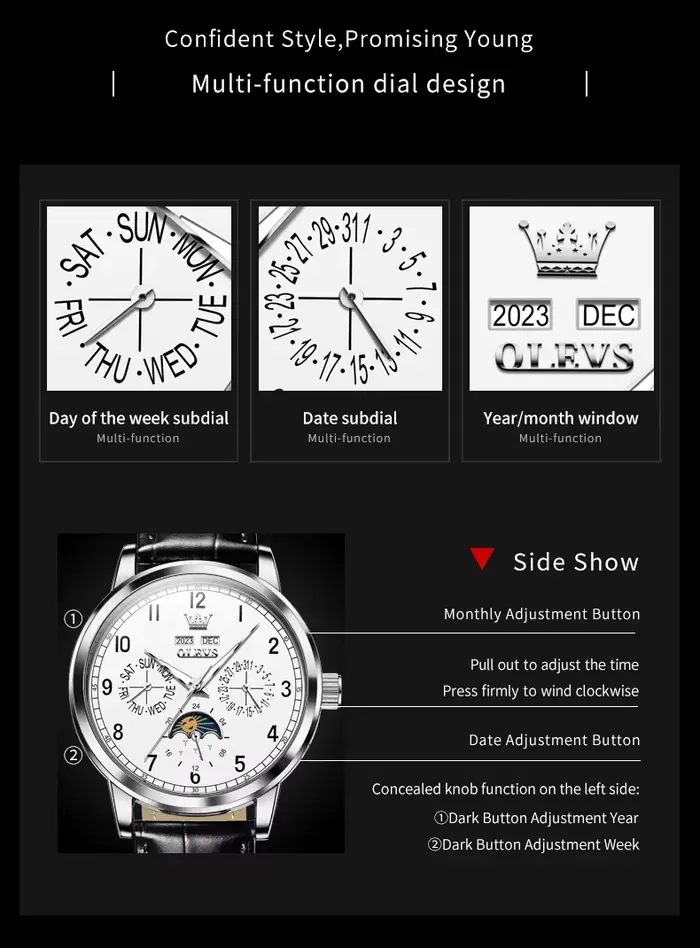 OLEVS 6698 nouvelle montre mécanique de Phase de lune pour hommes numéro 42mm grand cadran en cuir horloge à main étanche automatique homme montres 2025