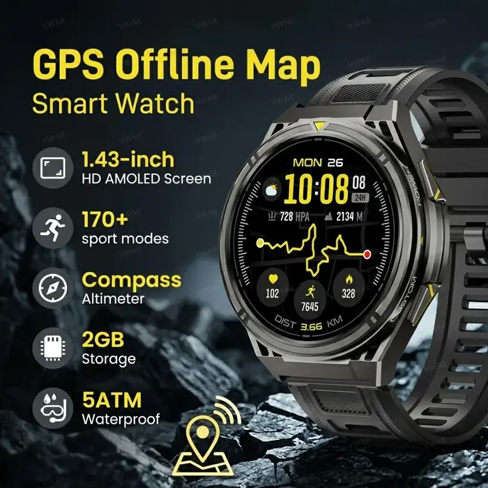 Nouvelle Montre Connectée GPS 2026 avec Cartes Hors Ligne, Écran AMOLED 1,43'', Montre Intelligente 