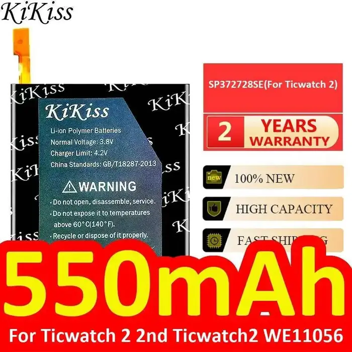 Batterie de montre pour Ticwatch 2 2nd WE11056 SP372728SE, charge rapide et durable, 550mAh