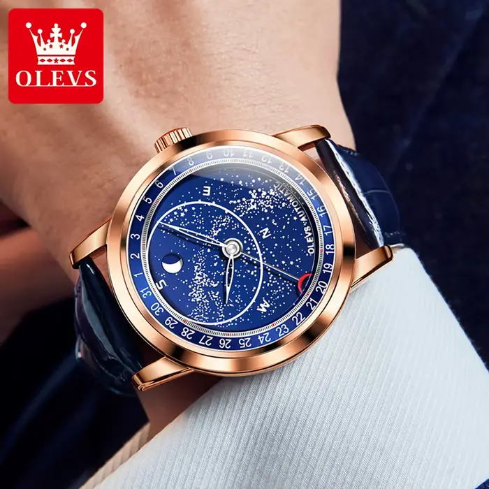 OLEVS 9923 montres mécaniques automatiques de Phase de lune pour homme bracelet en cuir de mode étanche ciel étoilé bleu
