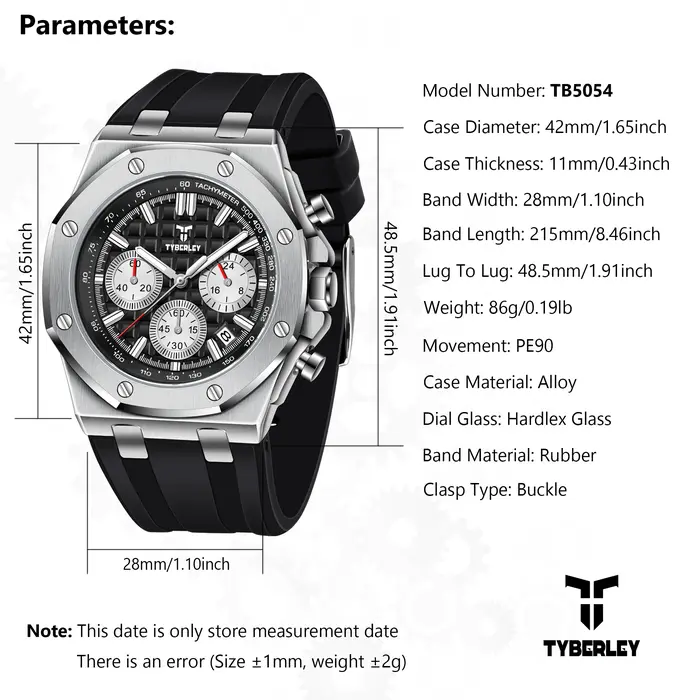 Montre Homme TYBERLEY Classique Style Chêne à Quartz, Design Octogonal, Bracelet en Caoutchouc Lumineux, Étanche, Idéale pour le Sport et les Affaires, Parfaite pour les Trajets Quotidien