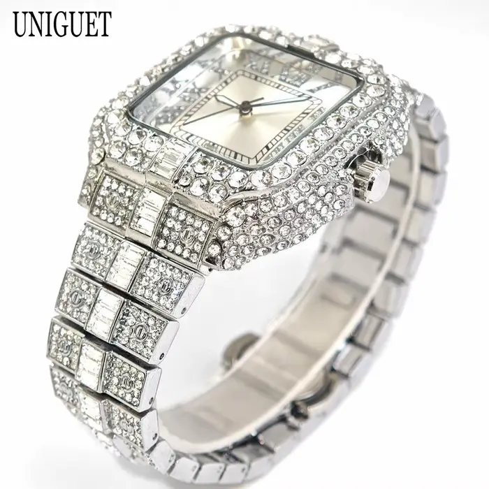 UNIGUET montre carrée pour hommes mode glacé montres à Quartz homme Hip Hop diamant bijoux montre-bracelet Rock garçon Reloj Hombre