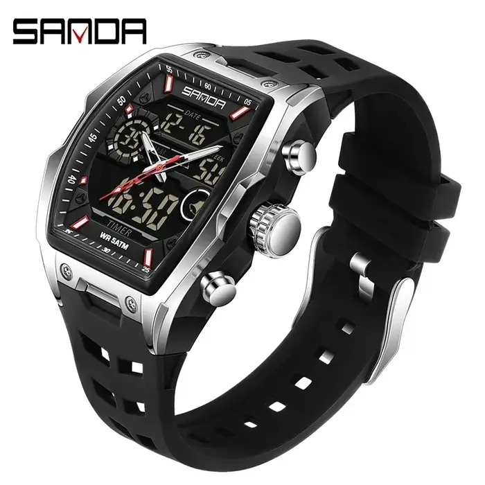SANDA double affichage montre électronique baril grand cadran sport LED analogique numérique chronographe militaire montre-bracelet relogio masculino