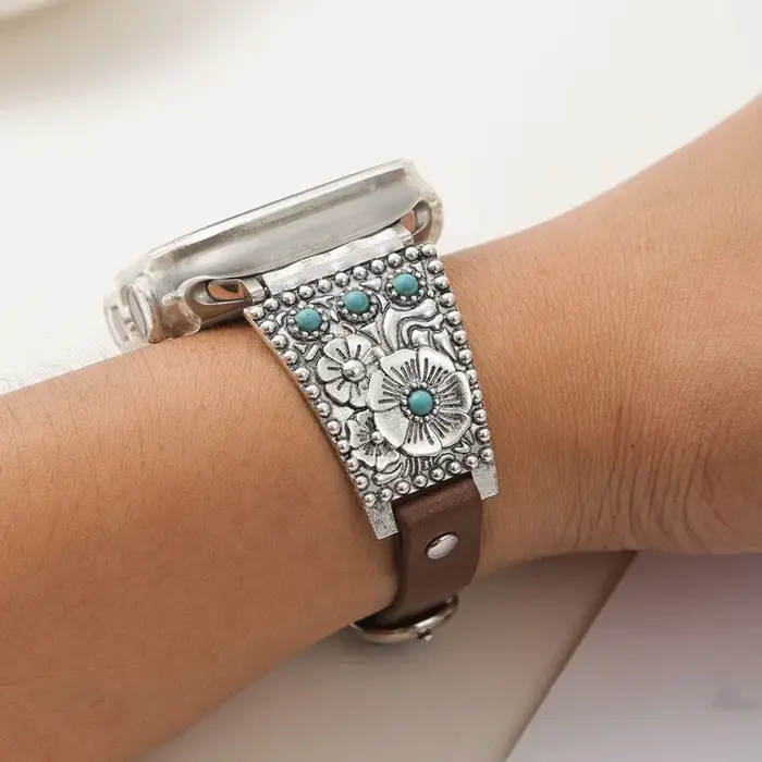 Bracelet en cuir et métal turquoise de qualité supérieure pour Apple Watch
