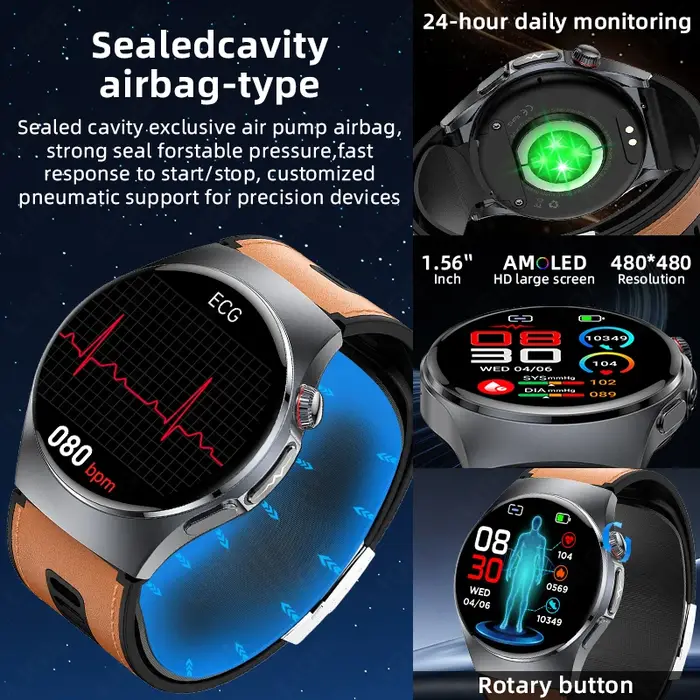 Montre connectée LIGE avec pompe à air et airbag pour la mesure de la pression artérielle, moniteur de santé multidimensionnel, examen physique microscopique, ECG+PPG