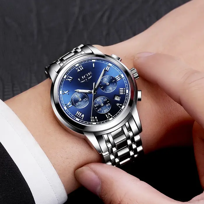 LIGE-Montre de sport à quartz étanche pour homme, montres chronographes décontractées, horloge entièrement en acier, marque supérieure, mode de luxe