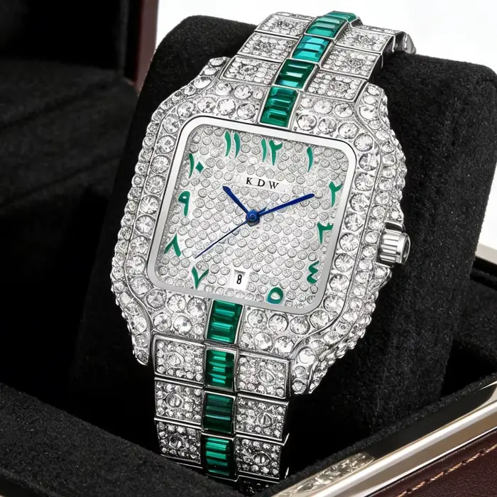 Montre en Quartz entièrement sertie de diamants pour Hommes, Luxe, Populaire, Or, Argent, Montres Ic