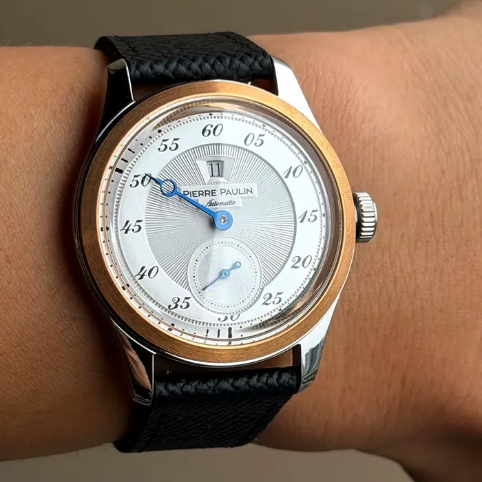 Pierre Paulin montre d'heure sautante pour hommes anneau en Bronze Vintage cadran saumon montres automatiques Reloj Hombre