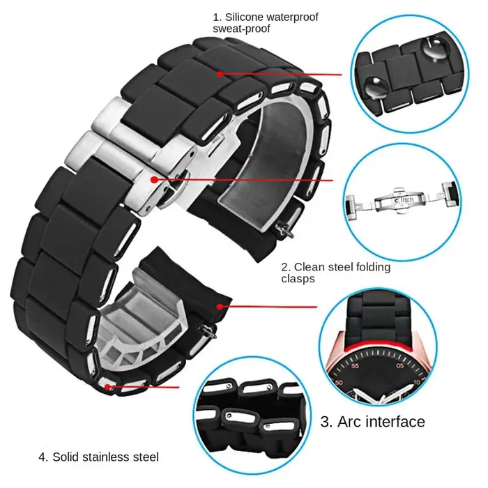 Bracelet de montre en acier plaqué caoutchouc silicone blanc et noir