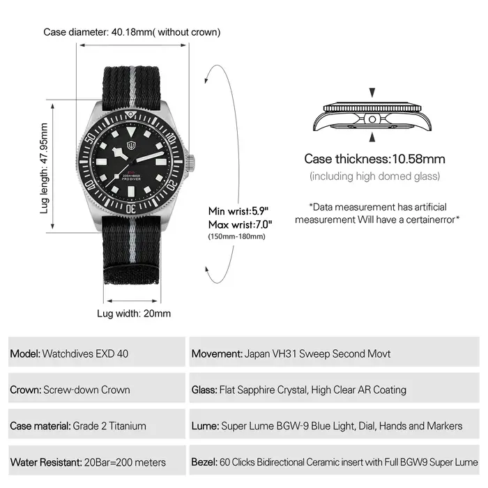 Watchdives EXD 40 Montre à quartz en titane VH31 avec verre saphir et lunette en céramique BGW9 Lume 200M