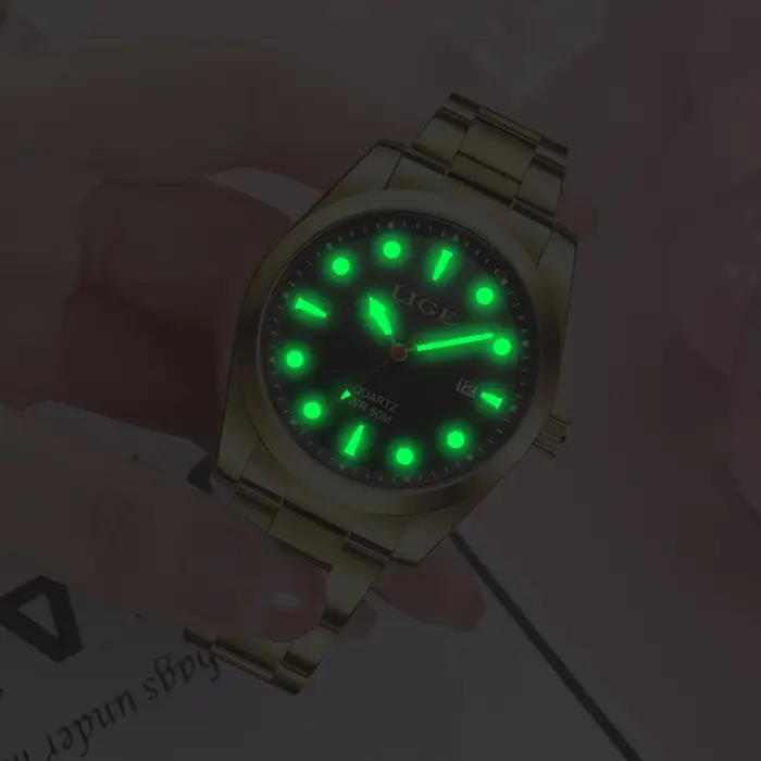 LIGE mode or femmes montres en acier inoxydable étanche montre à Quartz