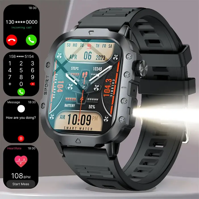 Montre connectée de 2, 01 pouces avec lampe torche LED