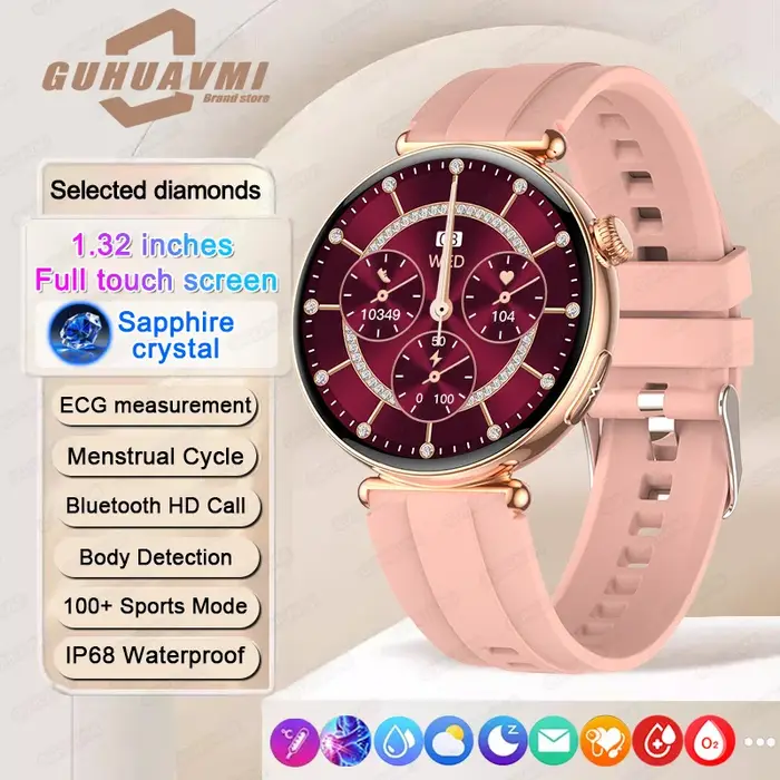Montres connectées ECG pour femmes, écran AMOLED 1,32 pouces, examen physique, pression artérielle, 