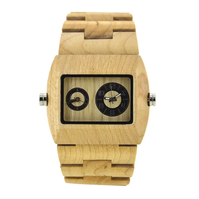 Montre Bracelet Homme en Bois Cadran Carré Rectangulaire Double Affichage Heure Quartz Style Professionnel Décontracté
