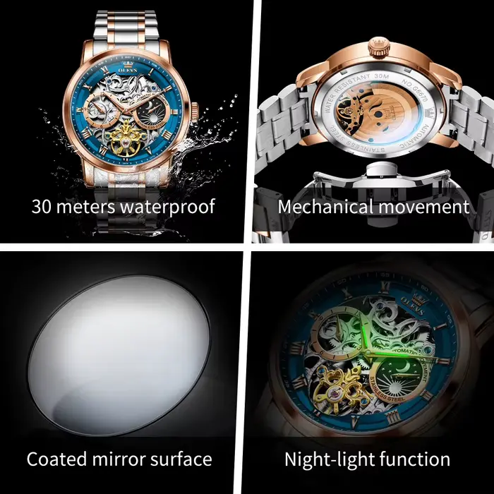 OLEVS Tourbillon montre pour hommes squelette creux mécanique montre-bracelet marque étanche lumineux Original affaires