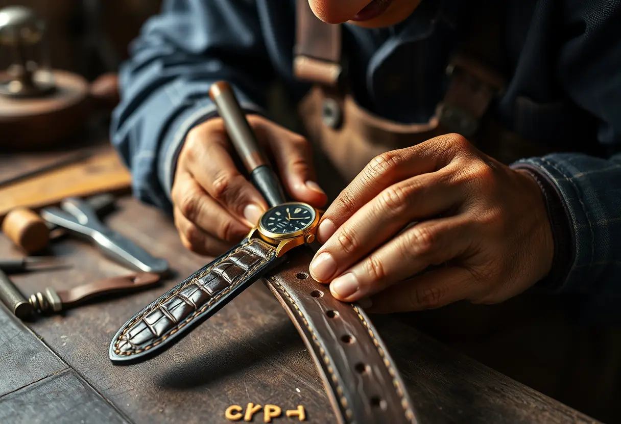 Maroquinier travaillant sur un bracelet de montre en cuir de crocodile