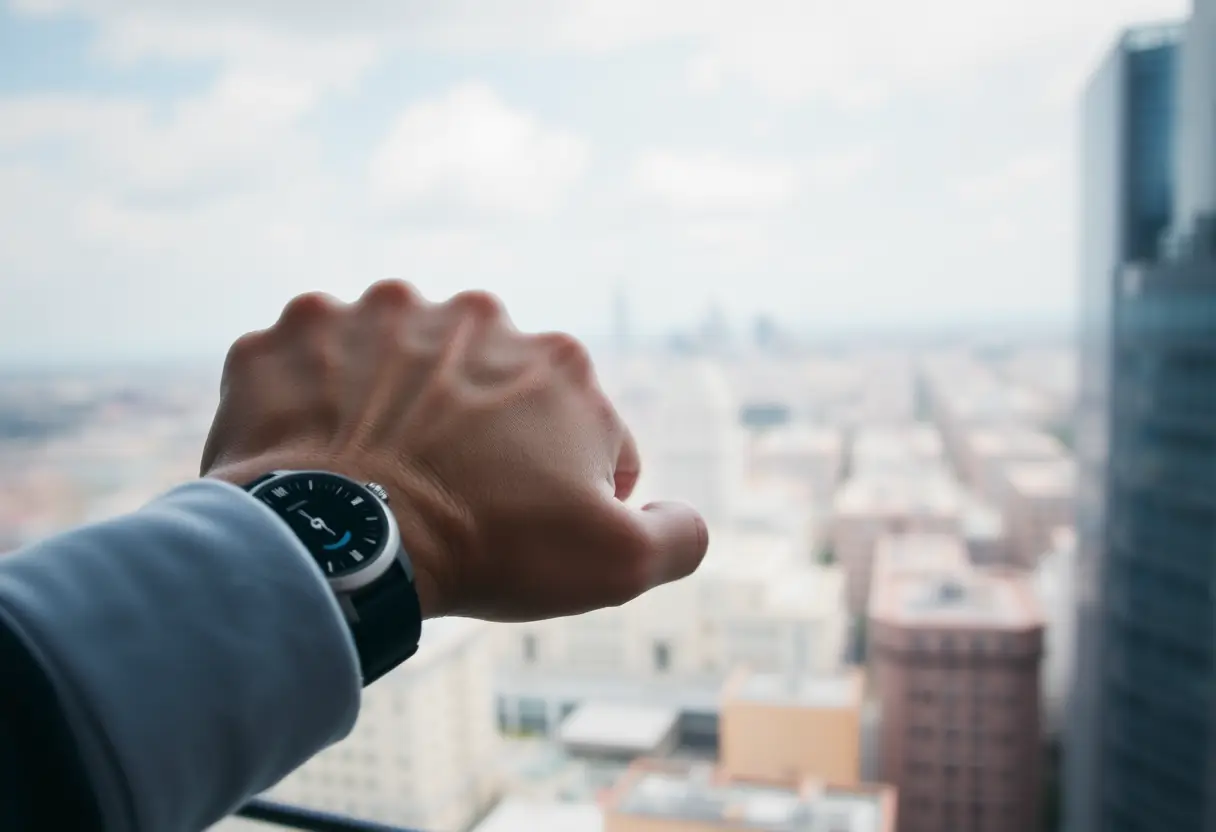 Une main contrôle la lecture musicale sur une montre-bracelet