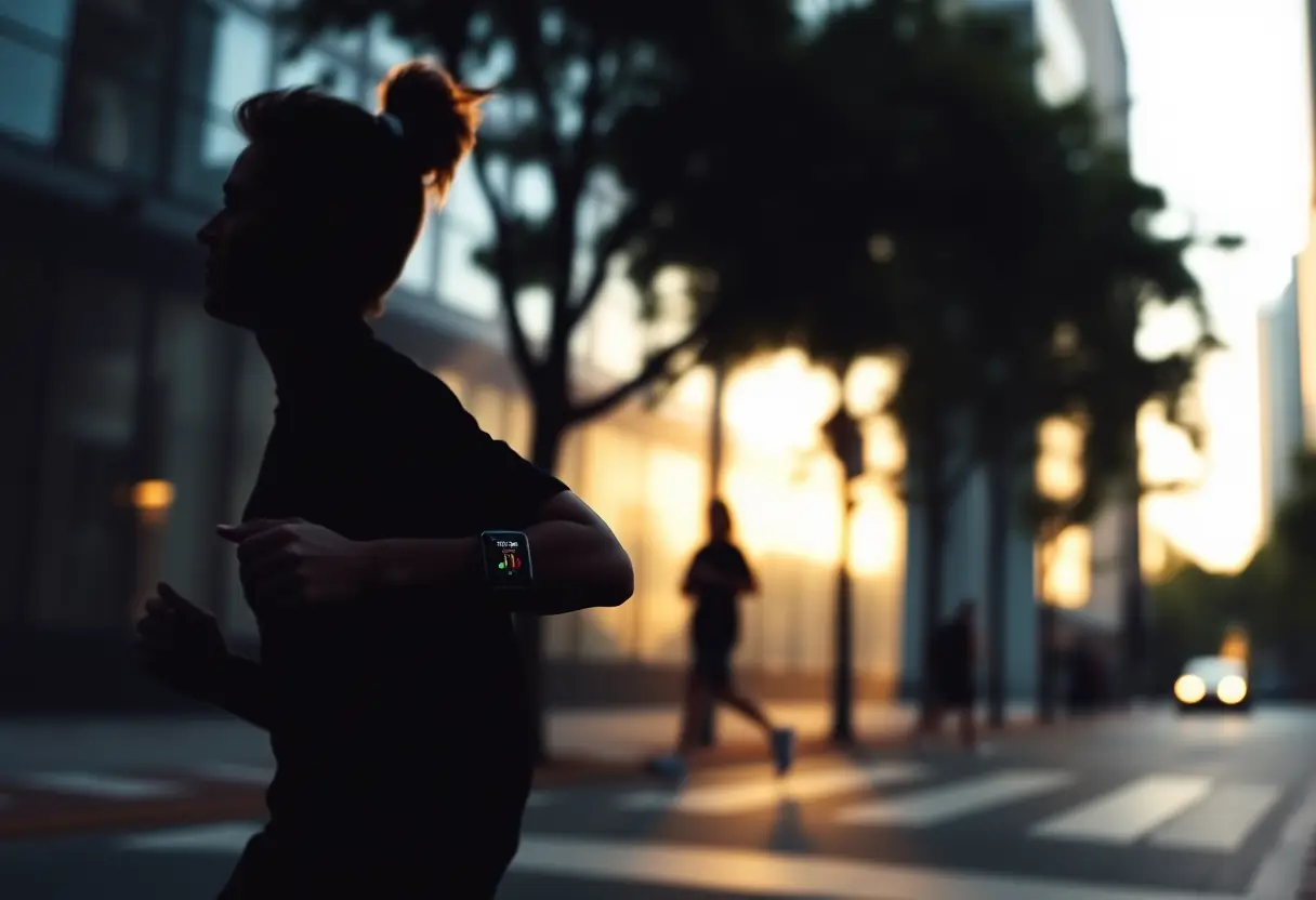 Un joggeur silhouetté contrôle sa musique avec sa montre connectée pendant son entraînement