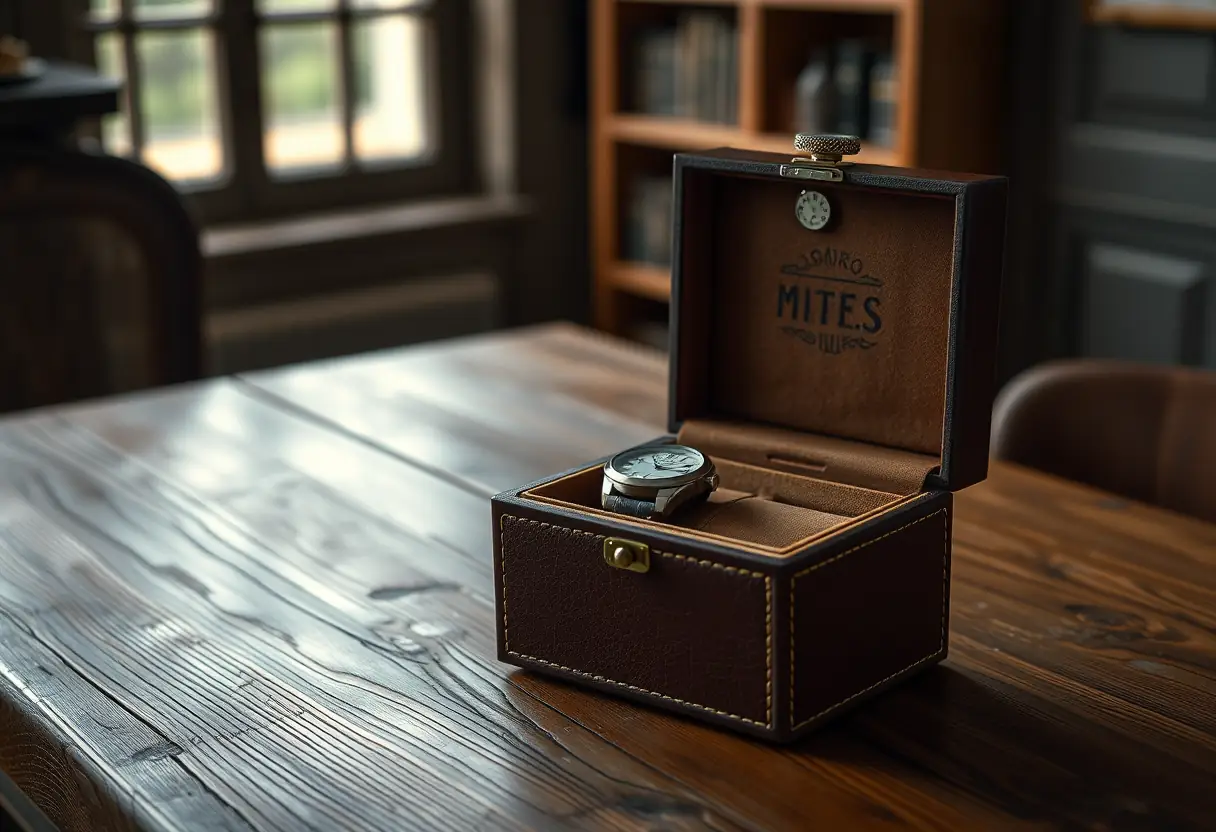 Une boîte en cuir posée sur une table en chêne ancien