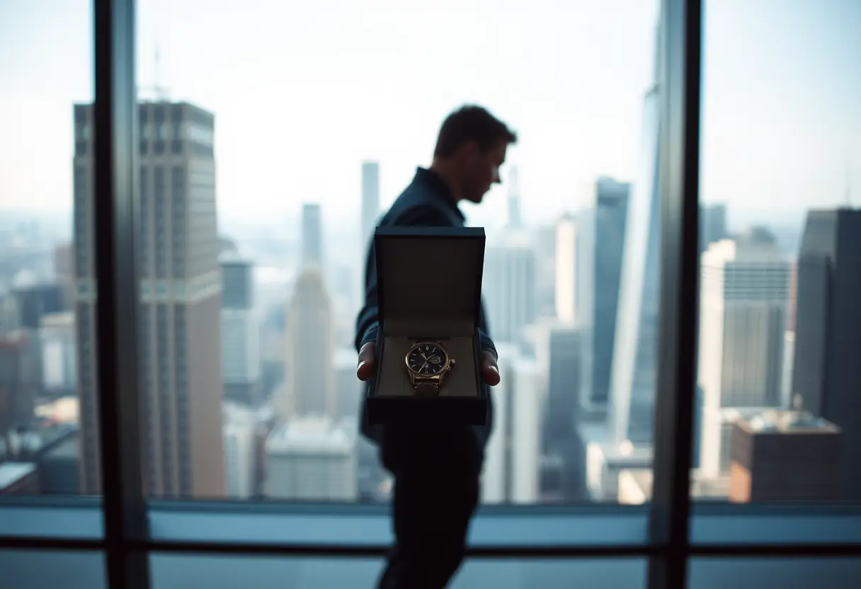 Un reflet de silhouette devant une fenêtre donnant sur un paysage urbain, tenant une boîte contenant une montre fine