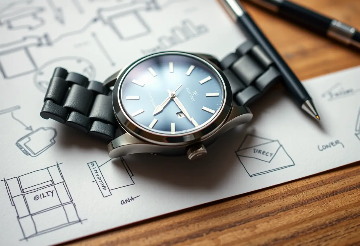 Une montre en titane sur un bureau avec des croquis, évoquant l'évolution de la cluse montre homme
