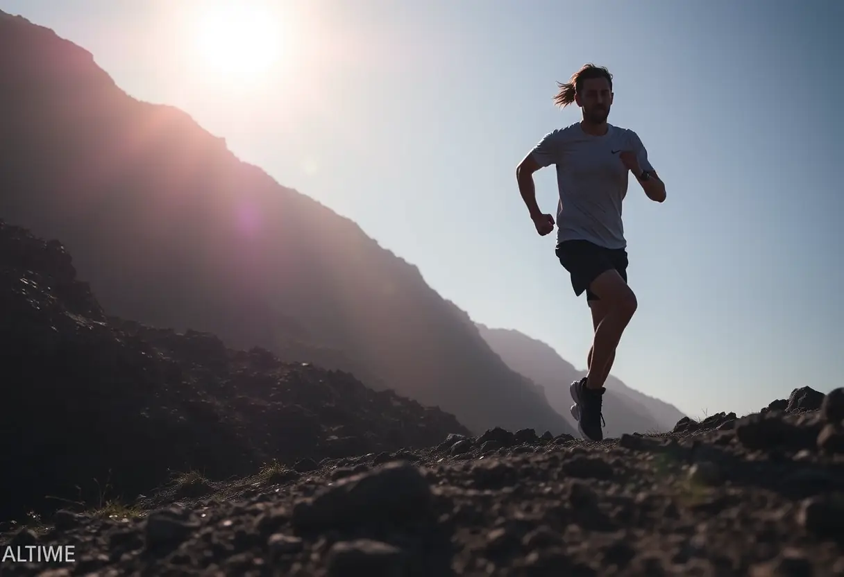 Un coureur grimpe une colline escarpée, illustrant la fonction de suivi des altitudes de la montre