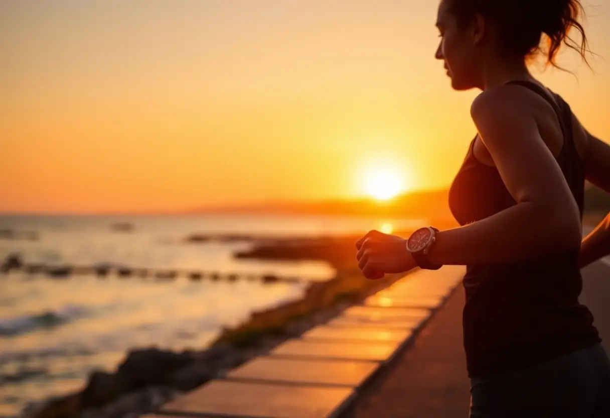Un profil féminin court sur un sentier côtier au coucher du soleil avec sa montre sportisée