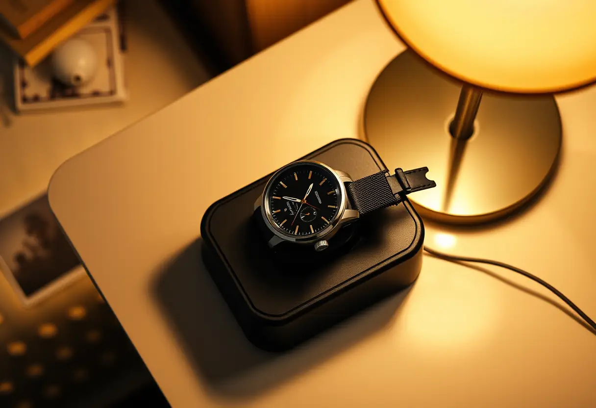 Dock de charge de montre sur chevet avec lampe, lumière chaude et réconfortante