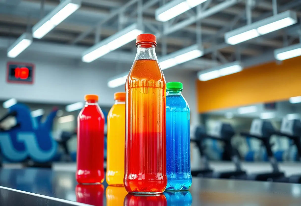 Bouteille de boissons sportives colorées sur un comptoir dans un centre de formation