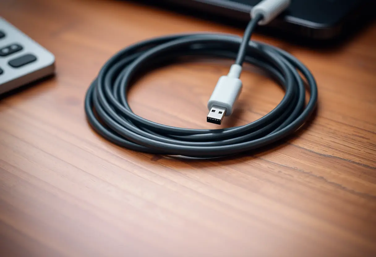 Câble de charge enroulé sur un bureau